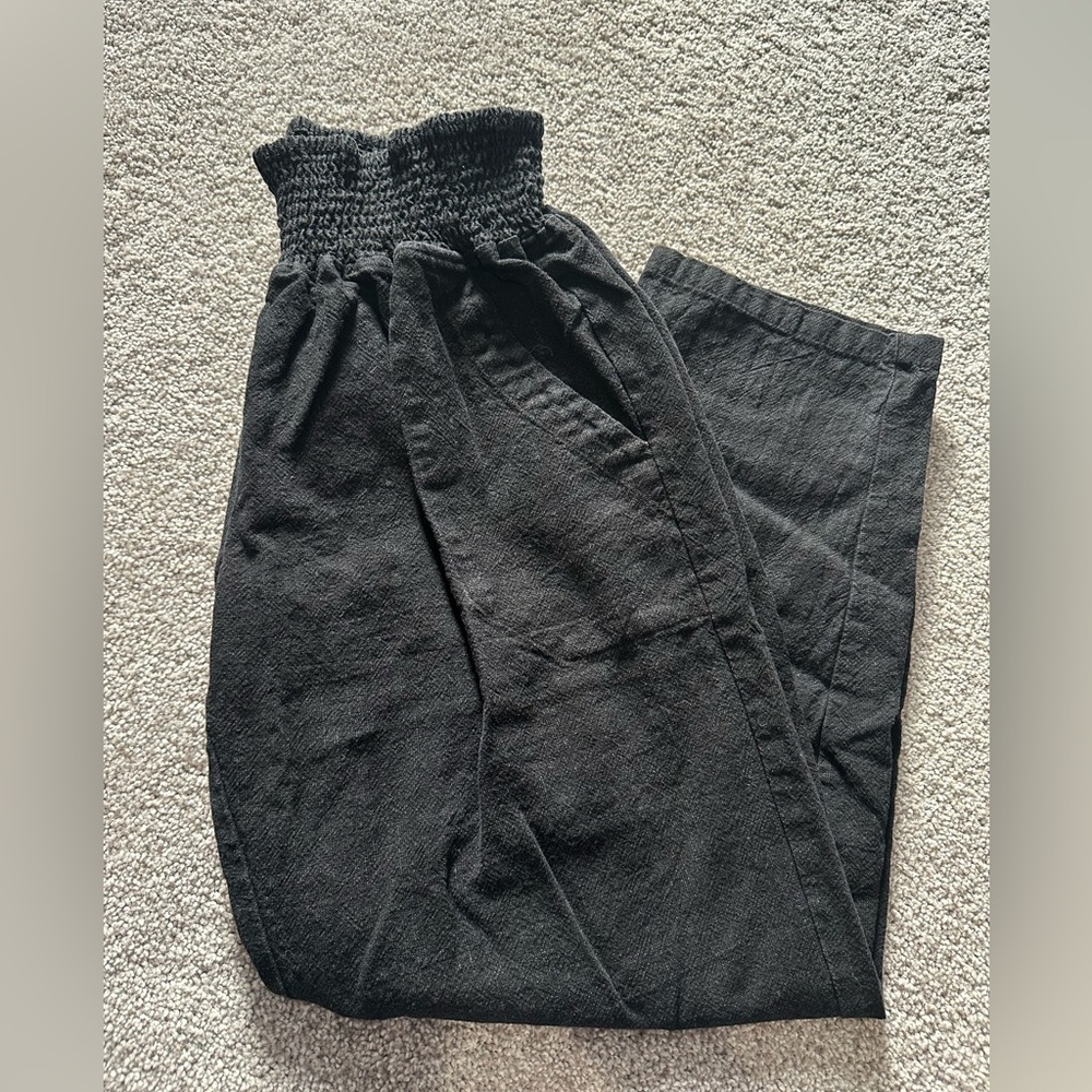 Smocked Waist Black Linen-Blend Pants